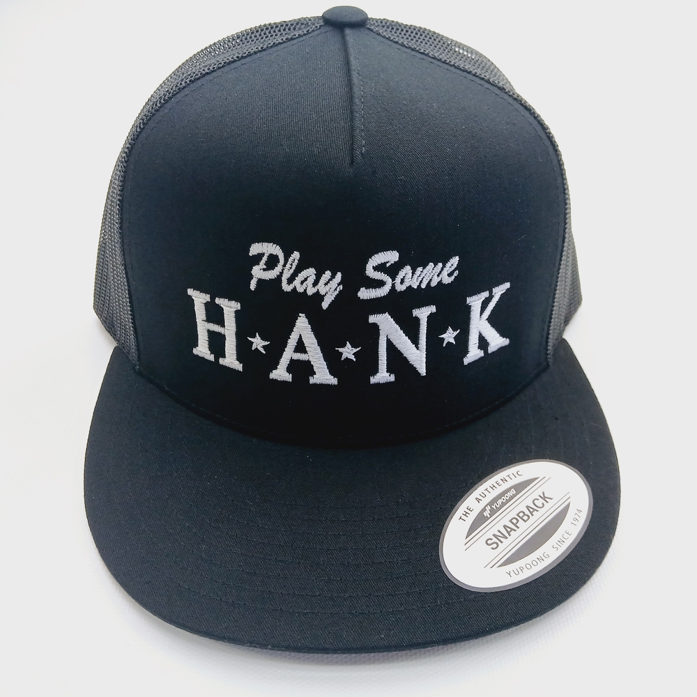 Black Yupoong Play Some Hank Embroidery Flat Bill Mesh Snapback Hat Cap